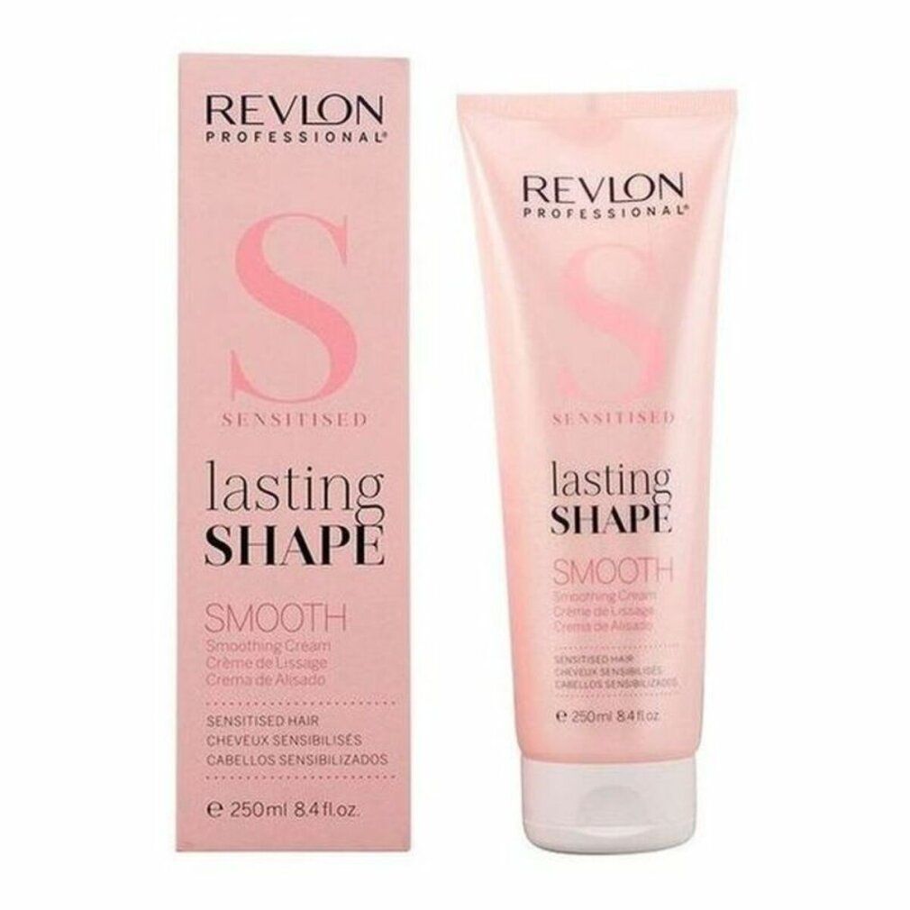 Tubo e scatola rosa. Marchio e nome del prodotto: Revlon, Lasting Shape, Smooth, Sensitised Hair. Contenuto: 250ml.