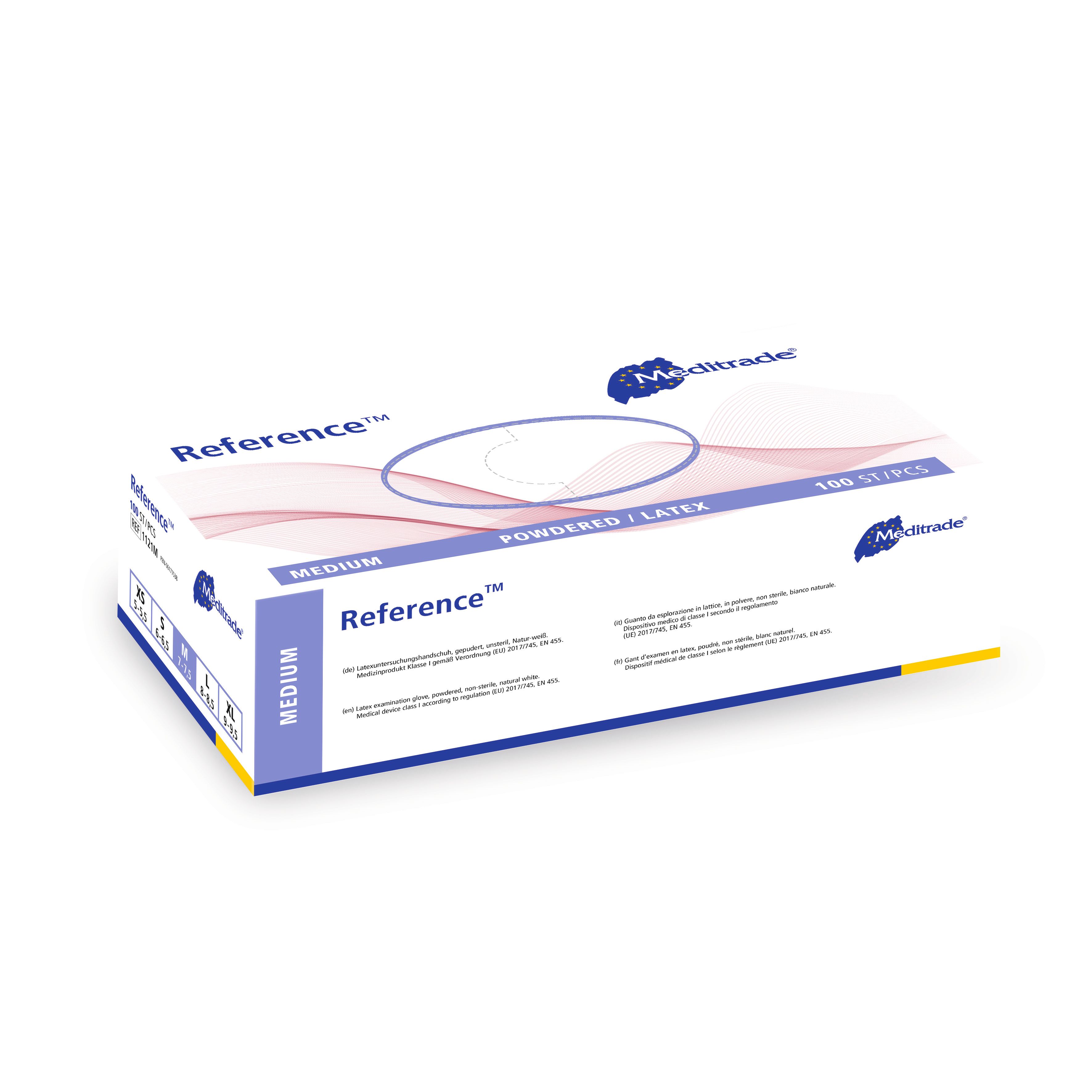 Scatola bianca "Reference", logo "Meditrade", "Latex" e "100 pezzi". Taglia M.