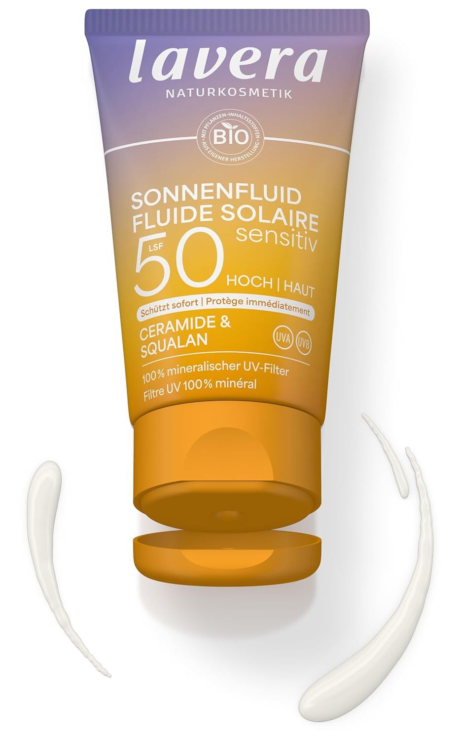 Tubo di lozione solare SPF 50. Marca: lavera. Prodotto aperto, crema visibile. Testo: Fluido solare, sensitivo, filtro UV 100% minerale.