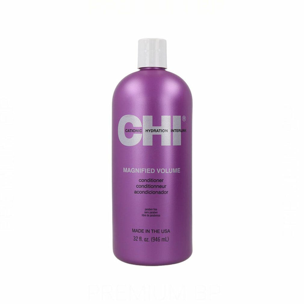 Flacone viola con tappo bianco. Scritta CHI, Magnified Volume Conditioner. 946 ml.