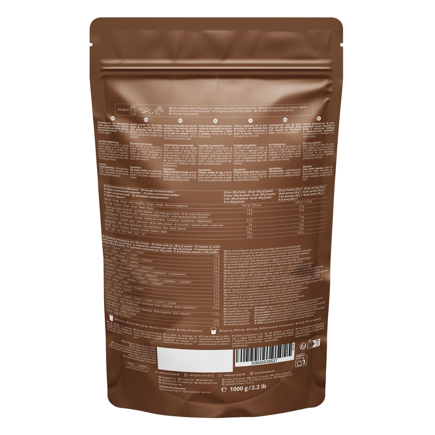 Retro della busta di proteine in polvere marrone. Testo con informazioni nutrizionali e ingredienti. Codice a barre e peso.
