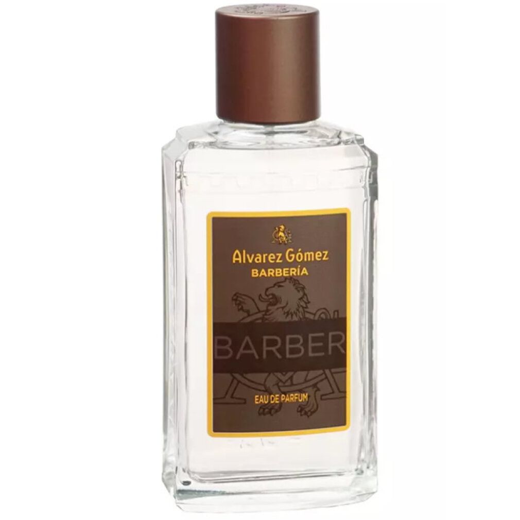 Flacone in vetro con tappo marrone. Etichetta con logo e scritta BARBER. Eau de Parfum.