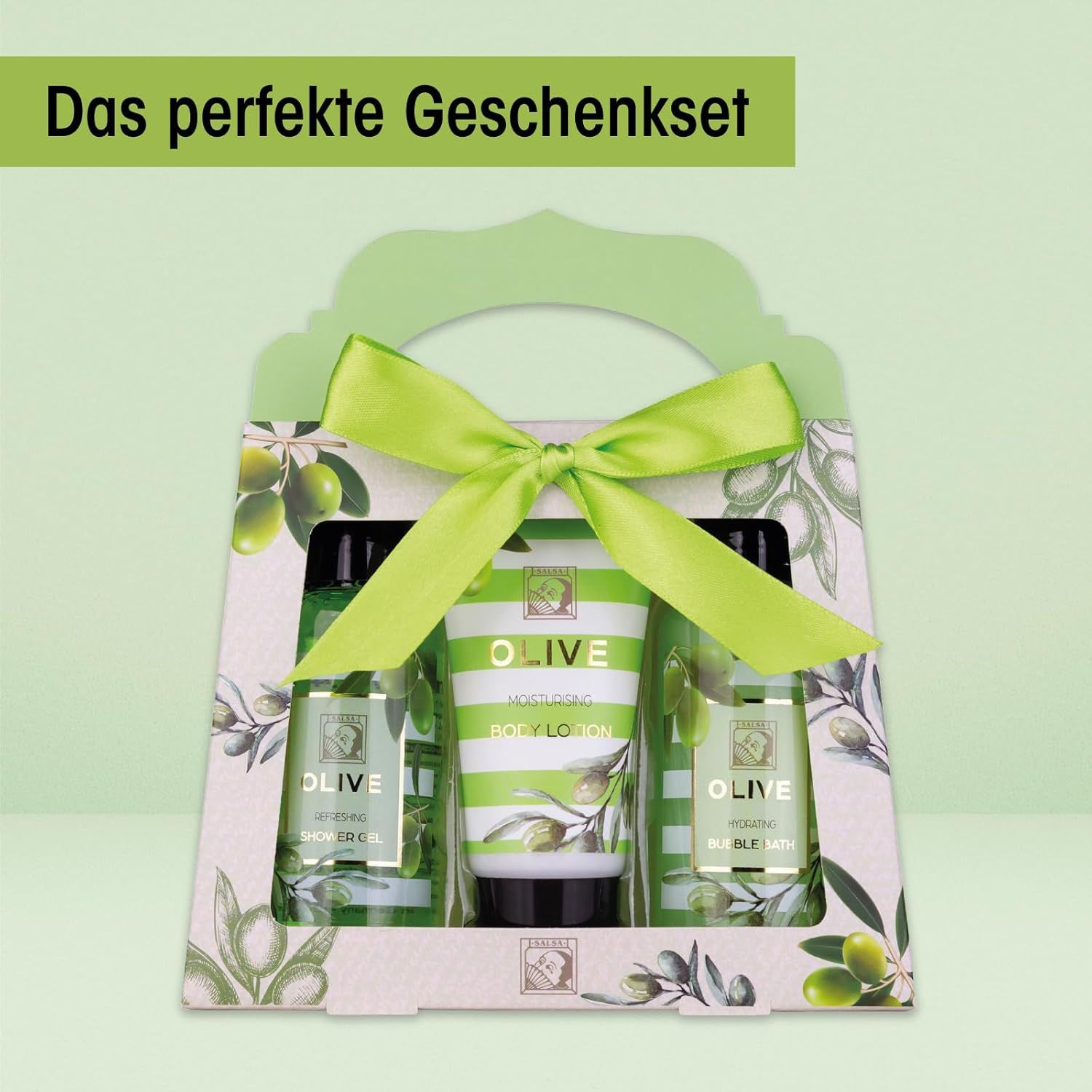 Set regalo con gel doccia, lozione per il corpo e bagno schiuma. Confezione verde con fiocco e motivo olive.