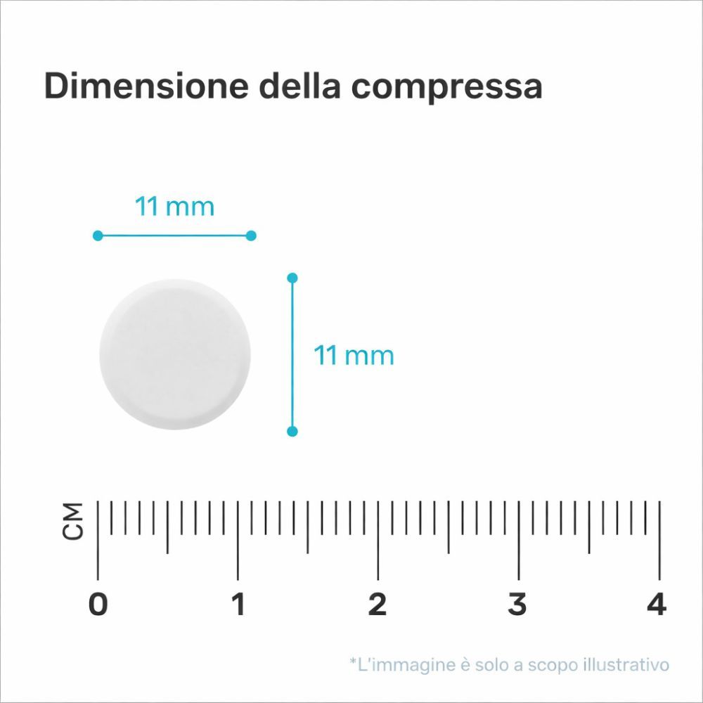 Dimensione della compressa: 11 mm x 11 mm. Compressa bianca con misure.