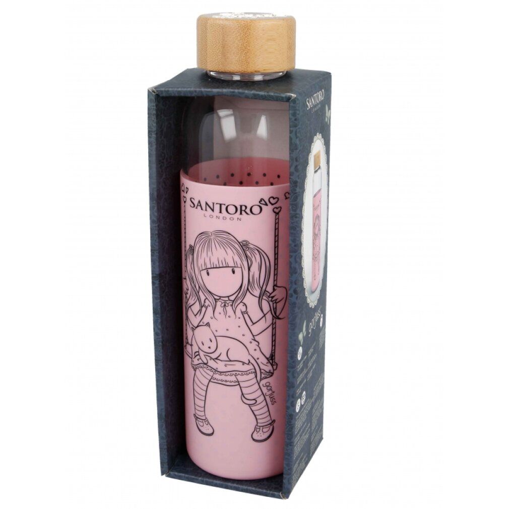 Borraccia in vetro in confezione regalo. Rivestimento rosa con illustrazione di ragazza. Tappo in legno. Logo Santoro London.