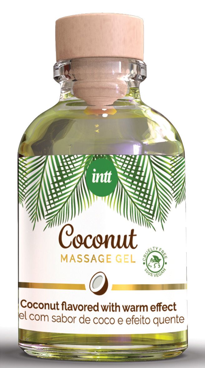 Flacone in vetro con tappo in sughero. Scritta: intt Coconut Massage Gel. Aroma di cocco. Certificazione vegana. Etichetta verde con palme.