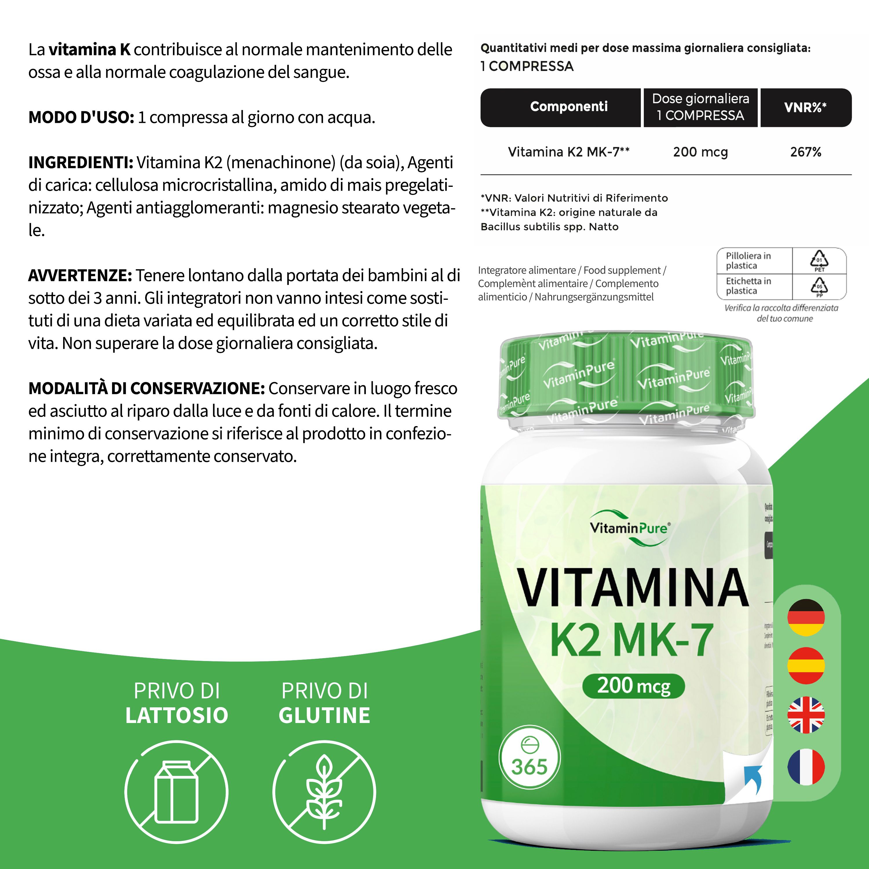 Flacone VitaminPure® K2 MK-7. Etichetta con informazioni: ingredienti, dosaggio, valori nutrizionali. Testo: Senza lattosio, senza glutine.