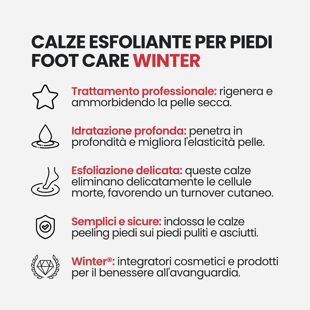 Winter Hyaluronic Foot Care Calze Esfolianti: elenco dei vantaggi tra cui trattamento professionale, idratazione e peeling delicato.