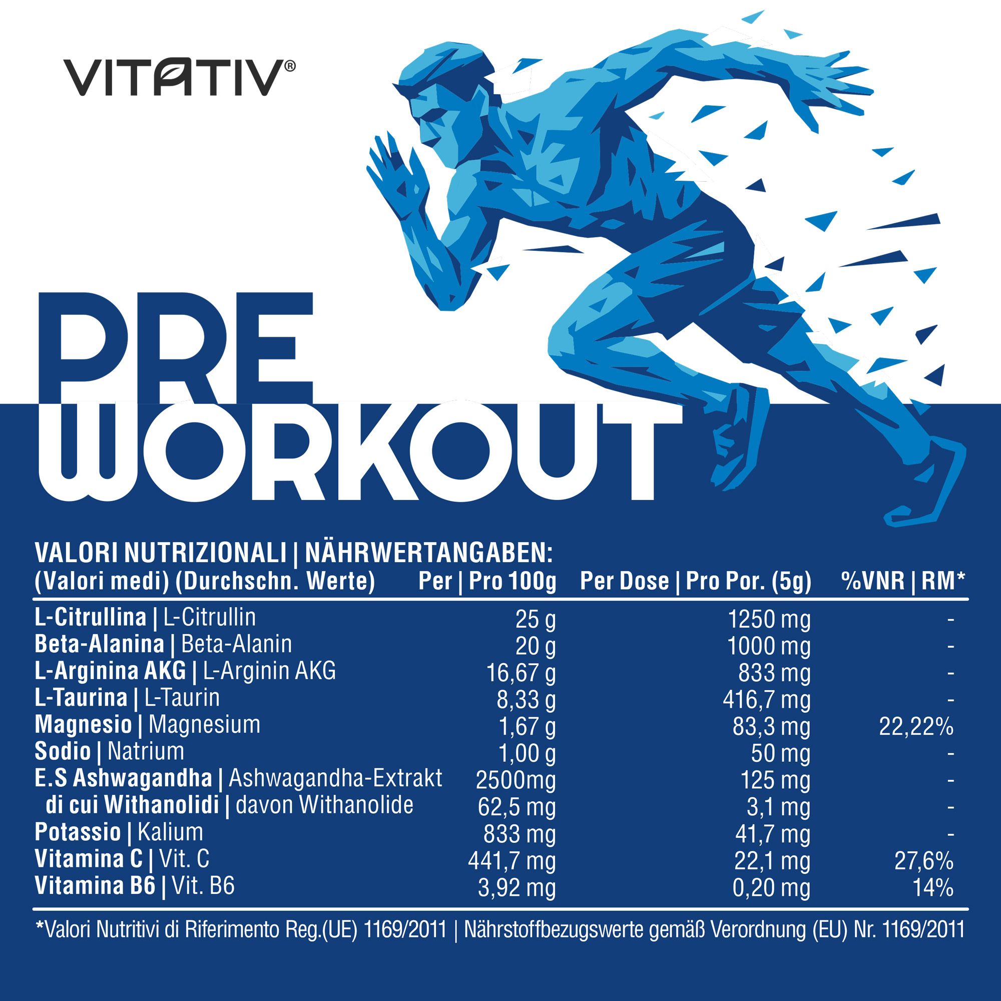 VITATIV® Pre Workout Senza Caffeina - Citrullina + Beta-Alanina + Ashwagandha - Uomo - 200g