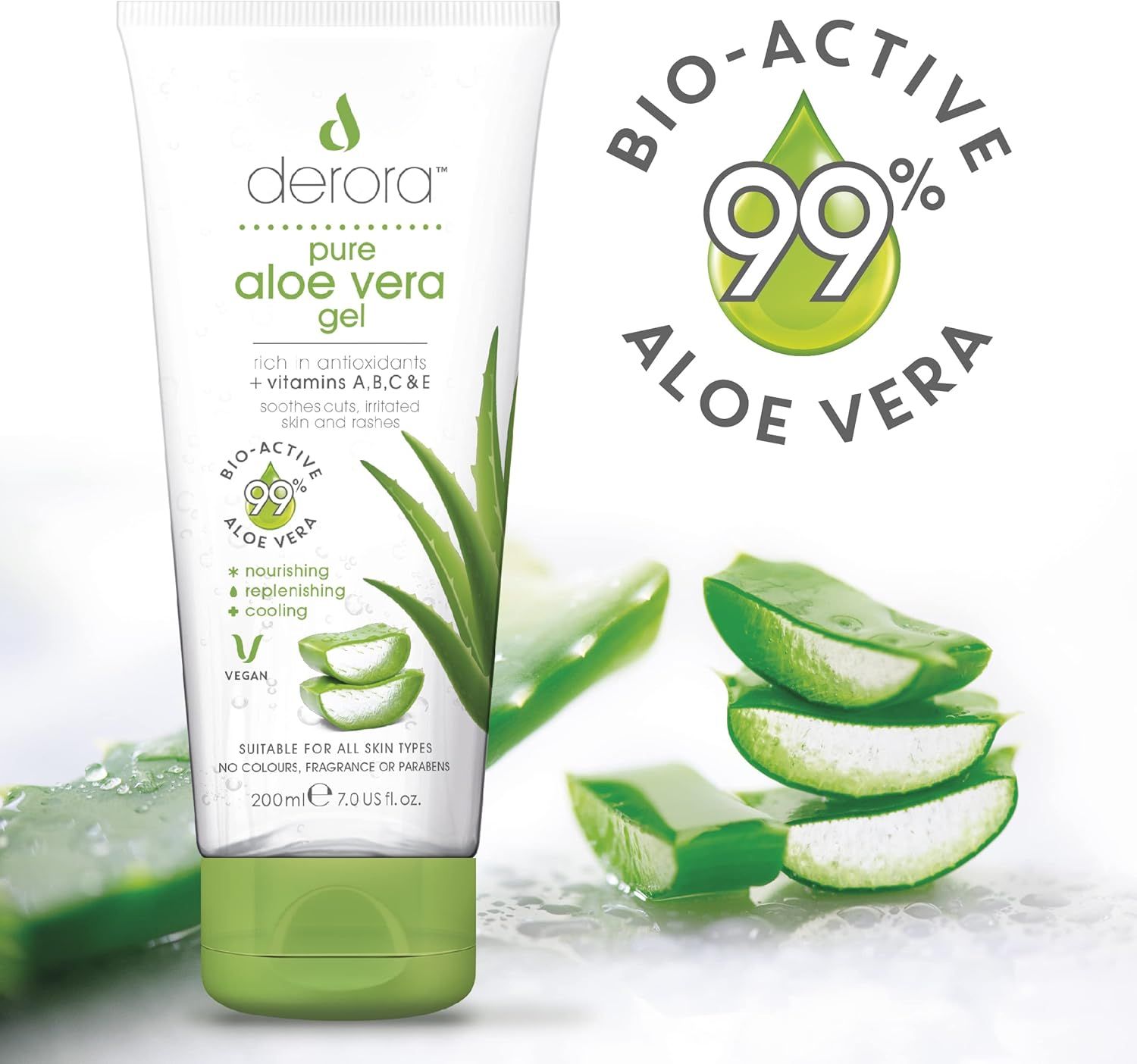 Tubo bianco, tappo verde. Scritta: Derora Pure Aloe Vera Gel. 99% Aloe Vera bio. Vegano. Foglie e fette di aloe vera.