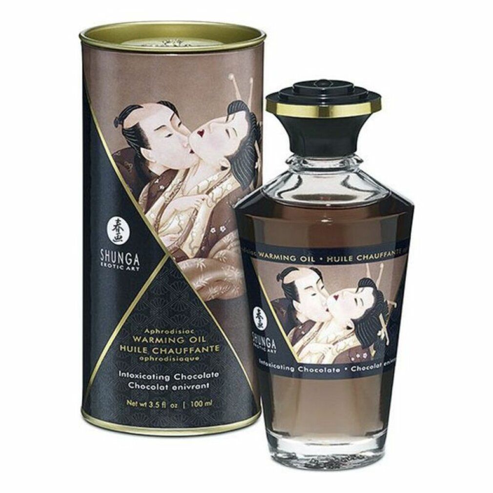 Flacone e scatola marroni con etichette. Scritta: Shunga, Warming Oil, Intoxicating Chocolate. Illustrazione: coppia che si bacia.