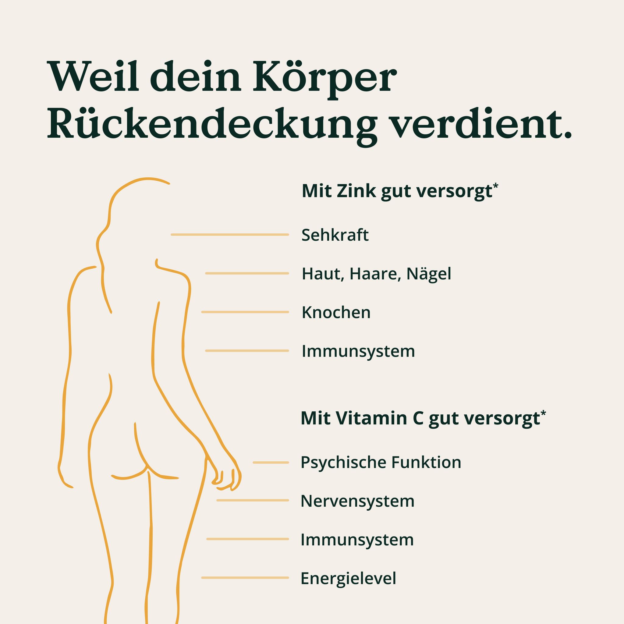 Schema di una silhouette femminile con indicatori per le funzioni corporee supportate da zinco e vitamina C.