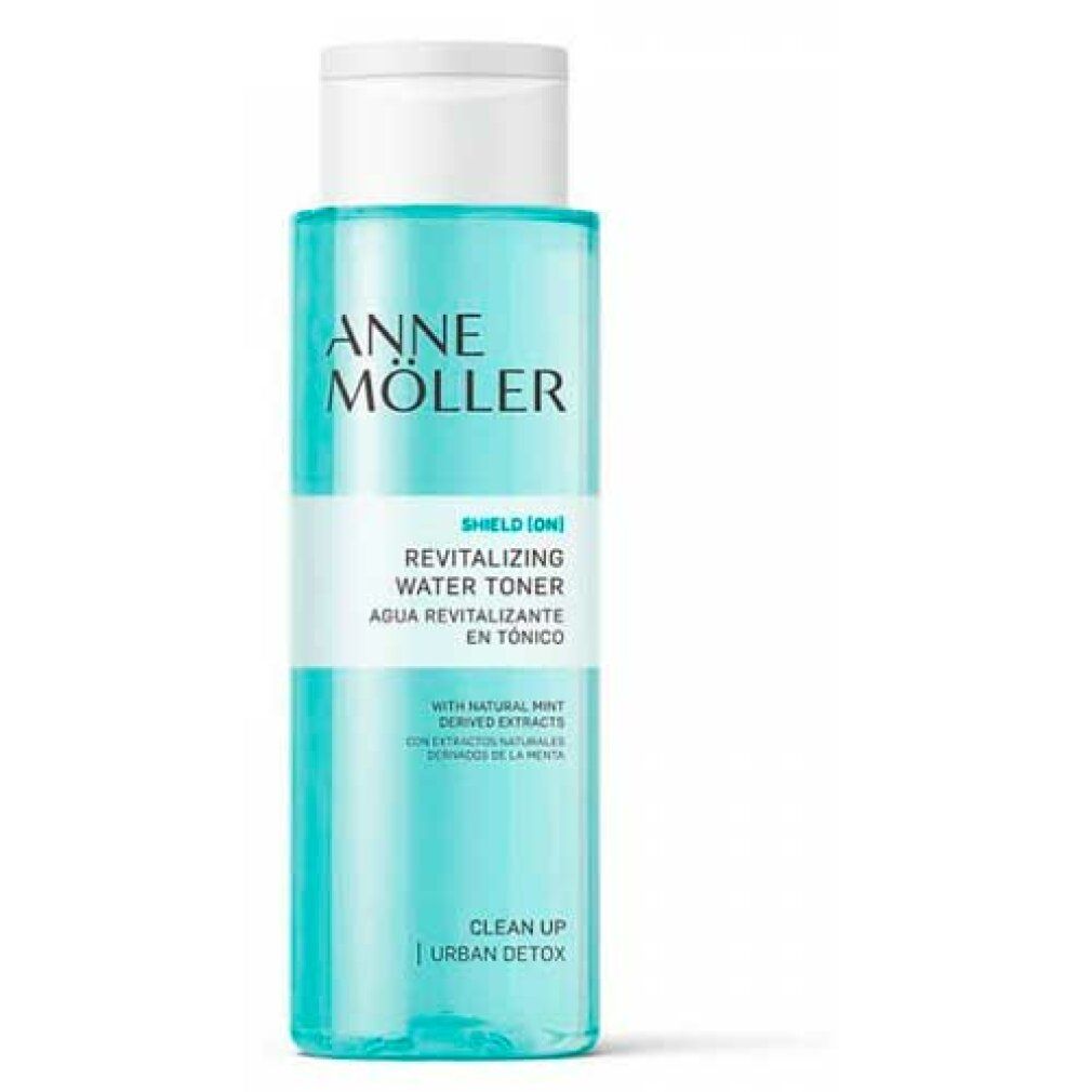 Anne Möller Revitalizing Water Toner. Flacone turchese con tappo bianco. Scritte: Shield [on], Clean Up | Urban Detox.