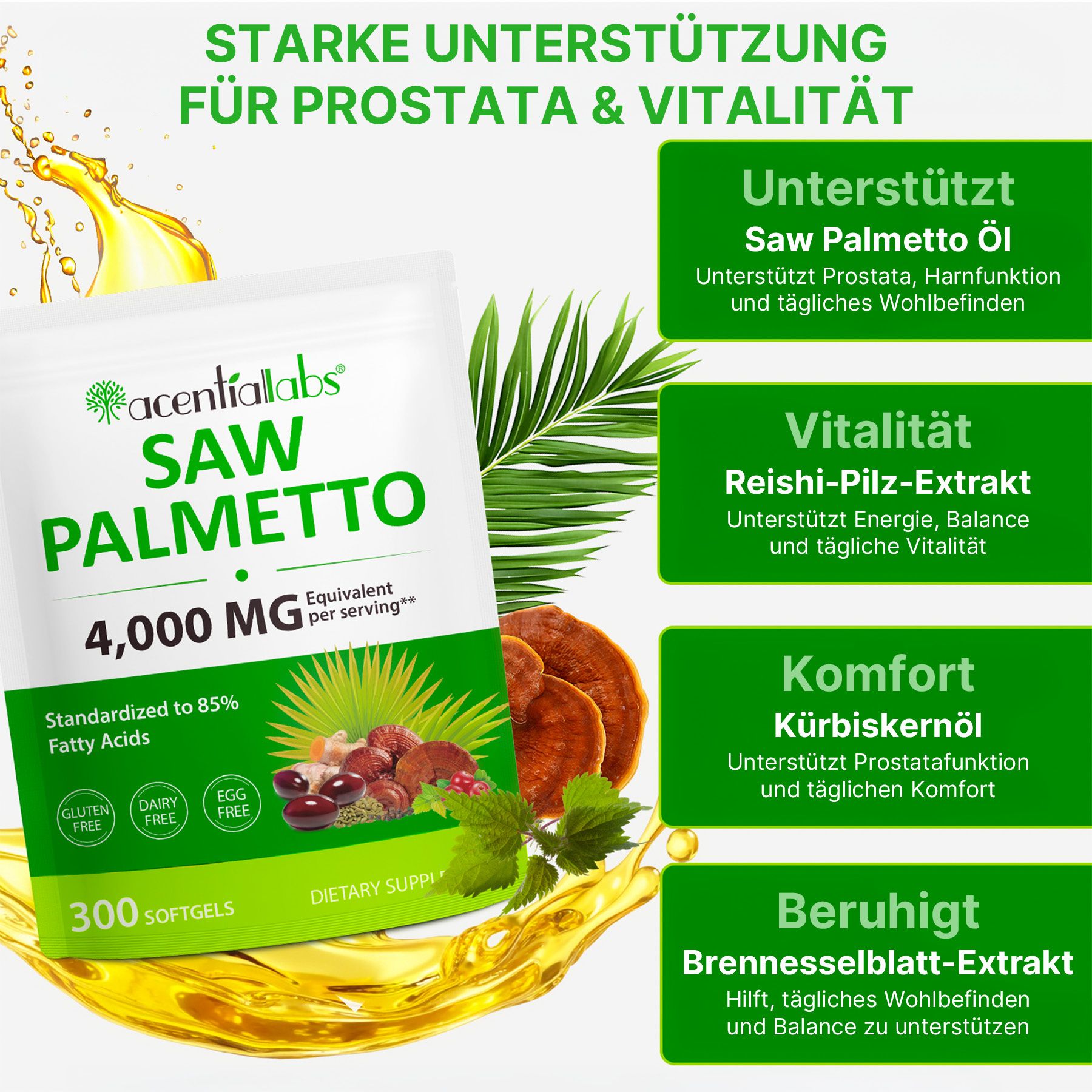 Acentiallabs Capsule molli ad alto dosaggio di estratto di Serenoa repens e olio di semi di zucca
