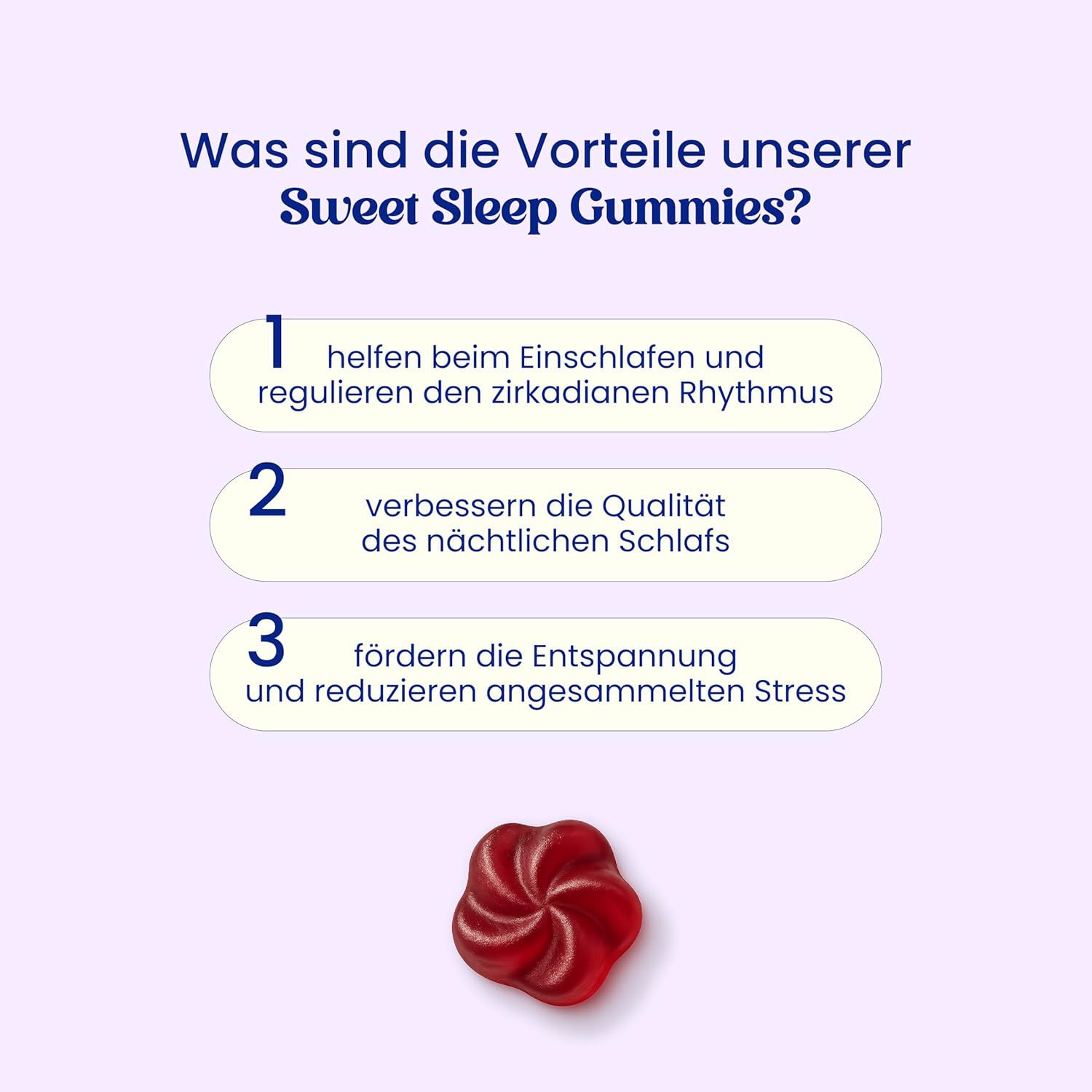 Vantaggi di Sweet Sleep Gummies: Facilitare l'addormentamento, regolare il ritmo circadiano, migliorare la qualità del sonno, ridurre lo stress. Caramella rossa.