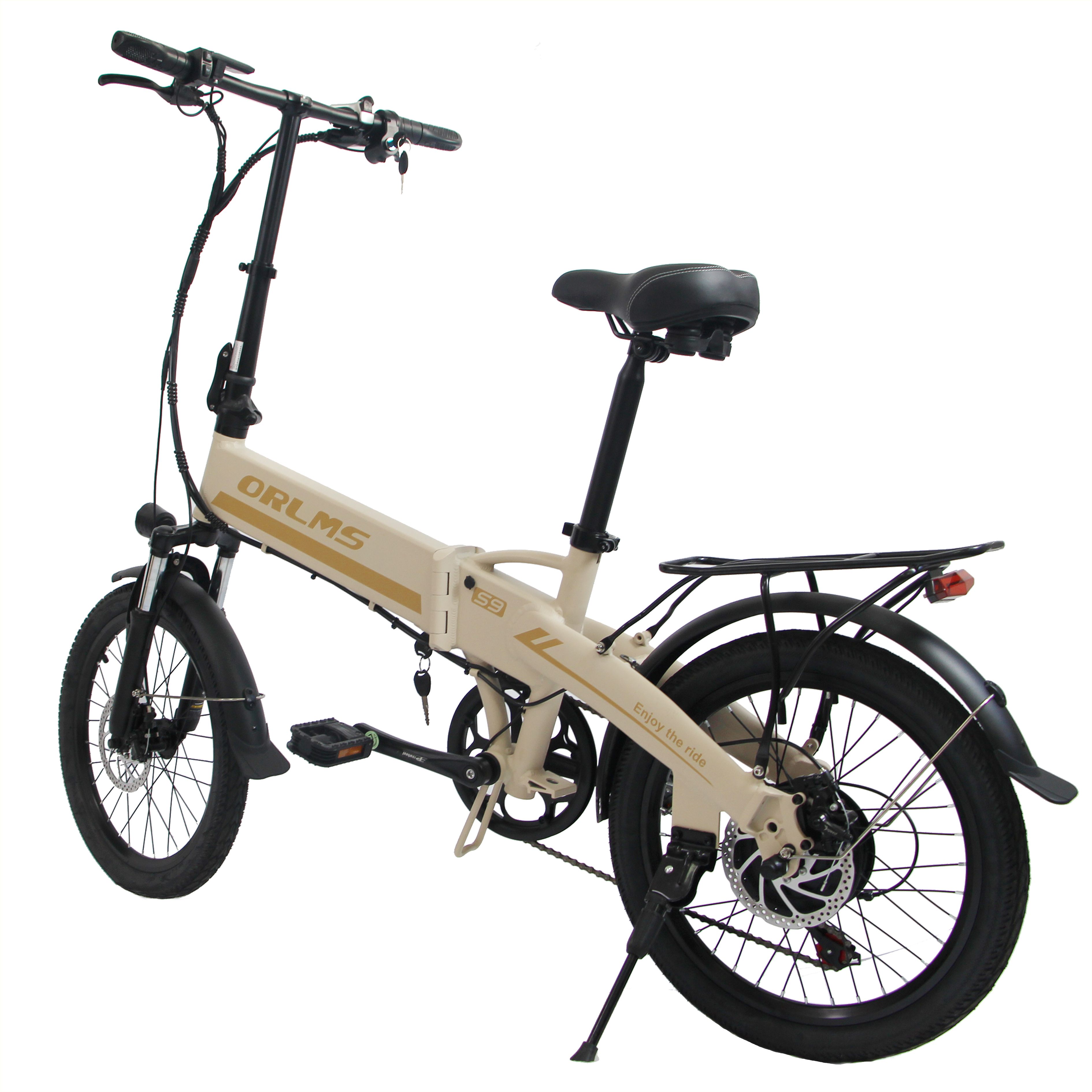 E-bike pieghevole beige e nero. Scritta ORLMS S9. Portapacchi, parafanghi, sella. Ruote da 20 pollici. Cavalletto.