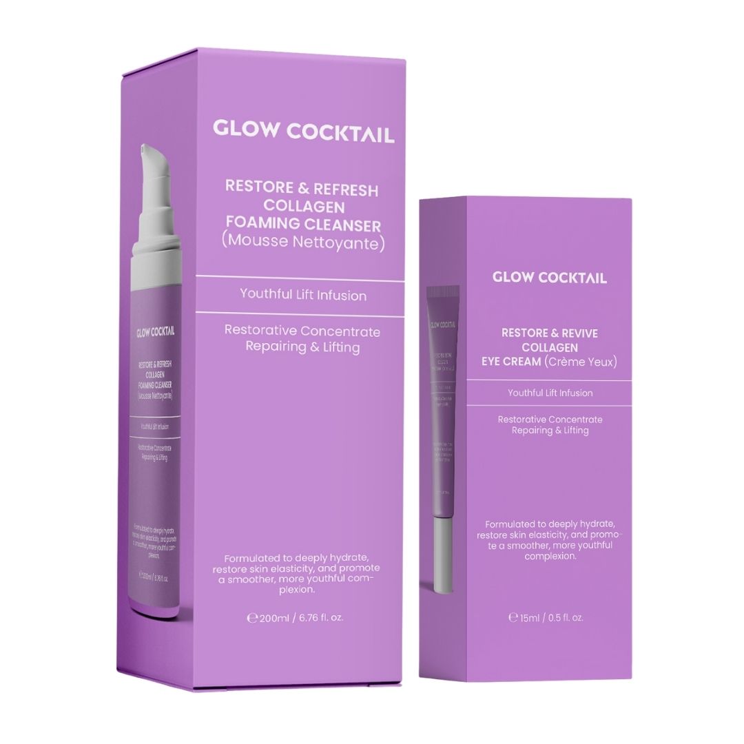 Due prodotti e confezioni. Gel detergente e crema occhi. Confezione viola con testo: Glow Cocktail, Restore & Refresh Collagen.