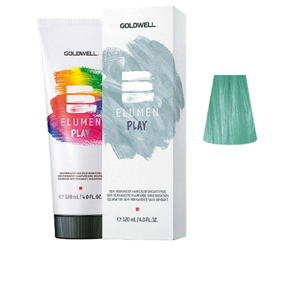 Goldwell ELUMEN PLAY, tubo e scatola. Macchia di colore menta. Testo: colorazione semipermanente, senza ossidazione.