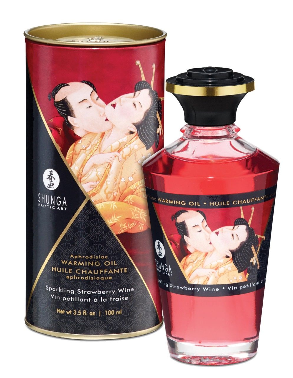 Flacone e lattina di olio riscaldante Shunga, aroma fragola.