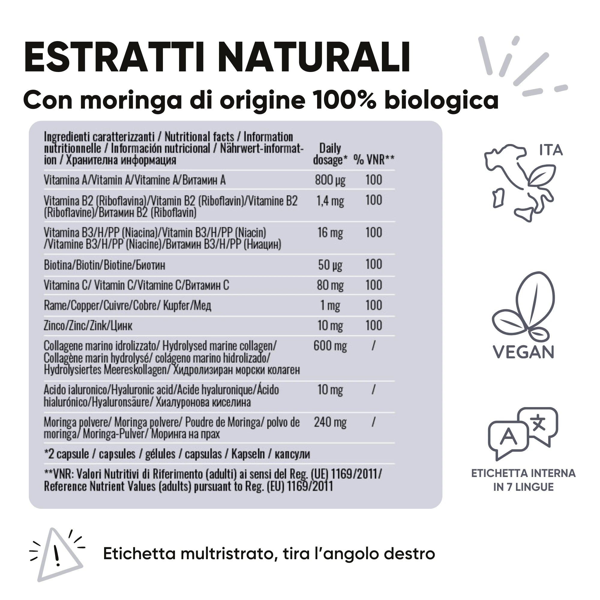 Tabella nutrizionale con ingredienti. Testo: Estratti Naturali. Con Moringa. Logo vegano. Etichetta in 7 lingue.