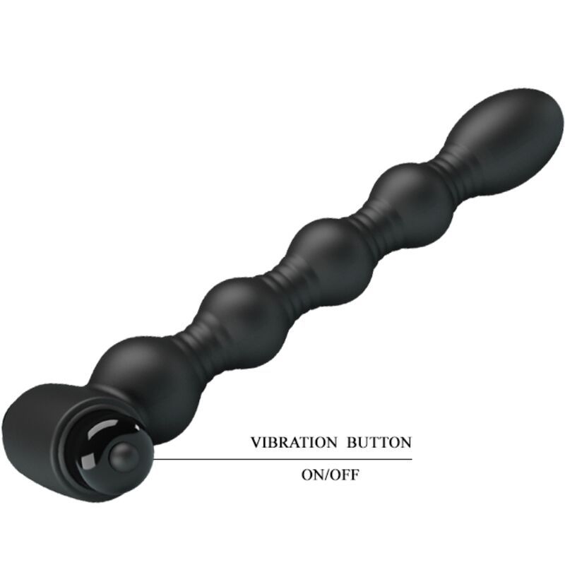 Plug anale nero con elementi sferici. Pulsante ON/OFF e Vibration Button sul lato.