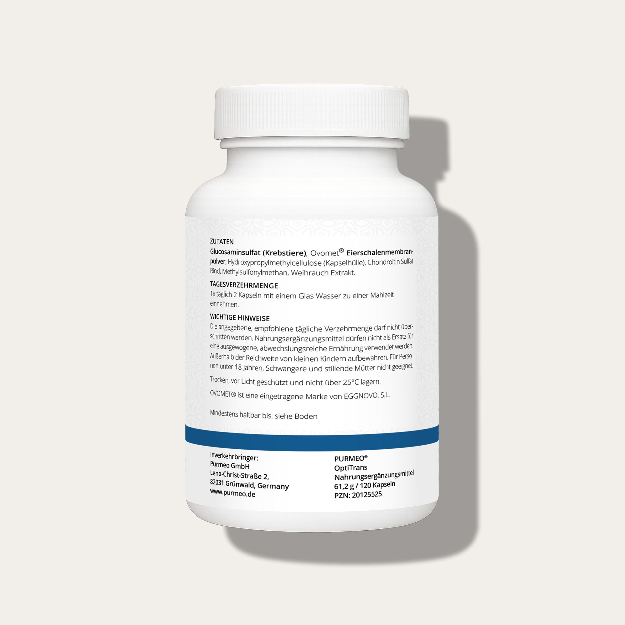 Retro di un flacone bianco. Elenco ingredienti: glucosamina solfato, Ovomet, metilcellulosa, condroitina, estratto di incenso. Consigli per l'uso e avvertenze.