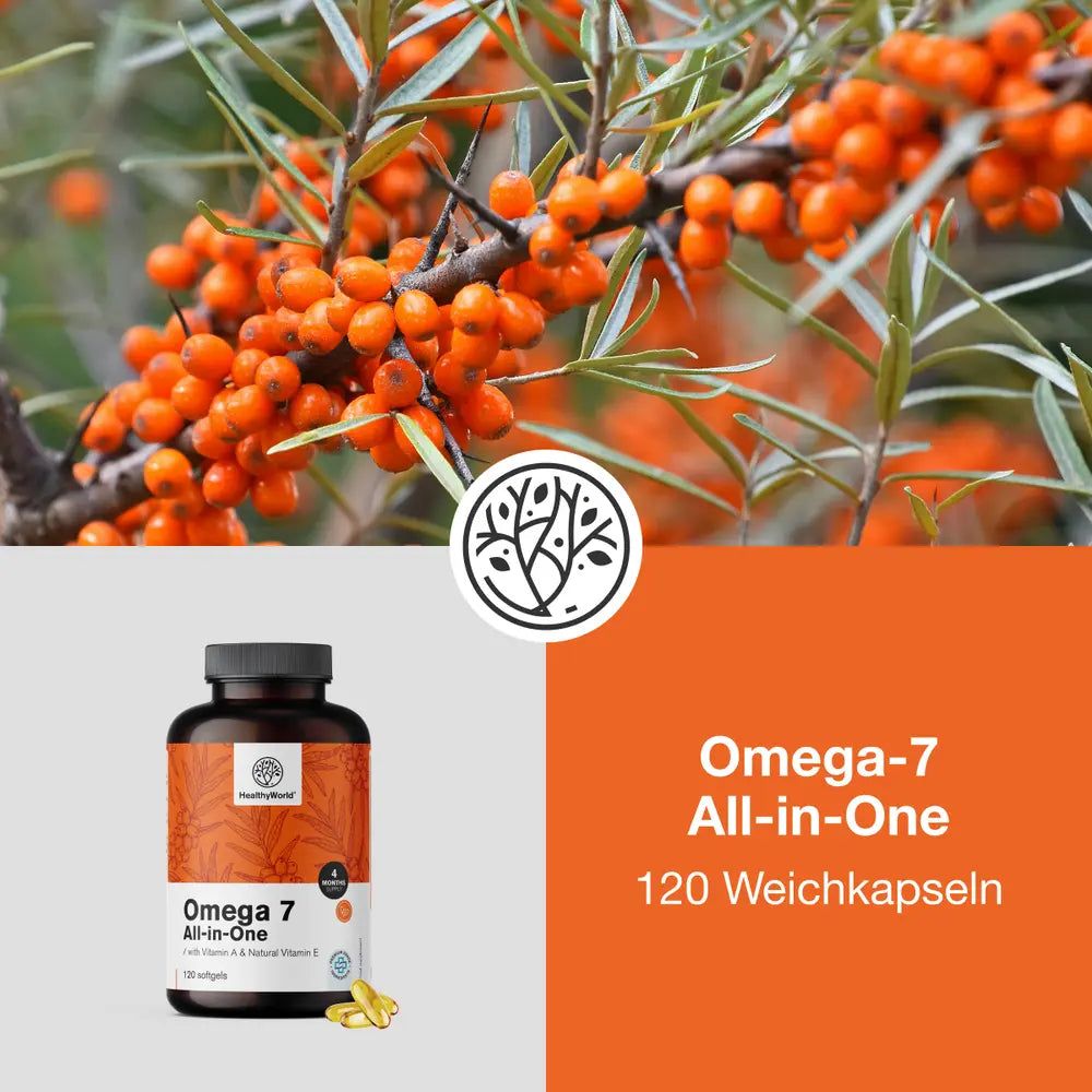 Immagine del prodotto Omega-7 All-in-One accanto a un ramo di olivello spinoso. Scritta: HealthyWorld, 120 softgels. Con Vitamina A & E.