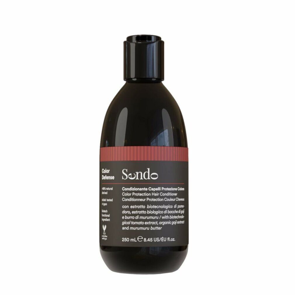 Flacone scuro con tappo nero. Striscia rossa con testo. Scritta: Sendo Color Defense Conditioner. Sigillo vegano.