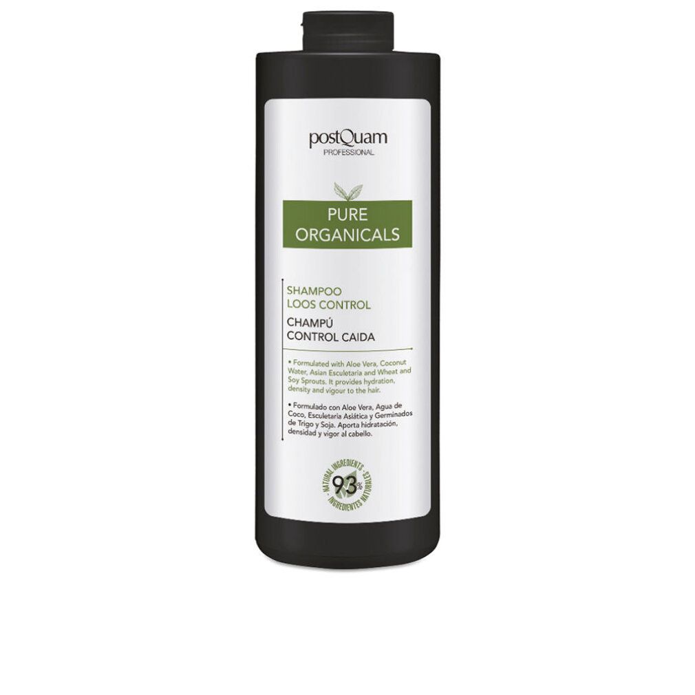 Flacone di shampoo nero con etichetta bianca. Testo: Pure Organicals, Shampoo Loos Control, 93% ingredienti naturali.