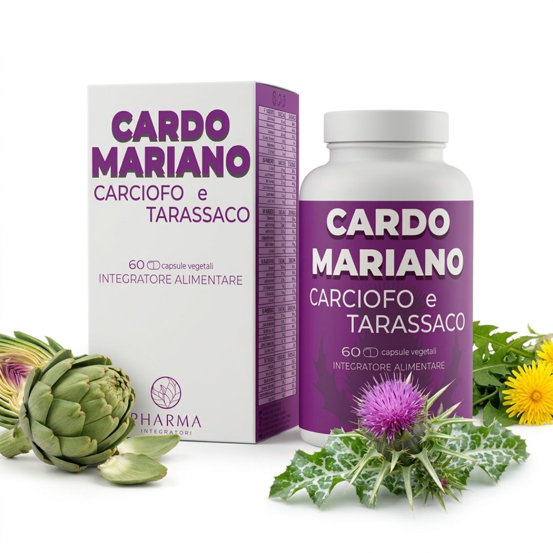 Integratore alimentare in capsule. Flacone e scatola con stampa del prodotto. Cardo mariano, carciofo, tarassaco.
