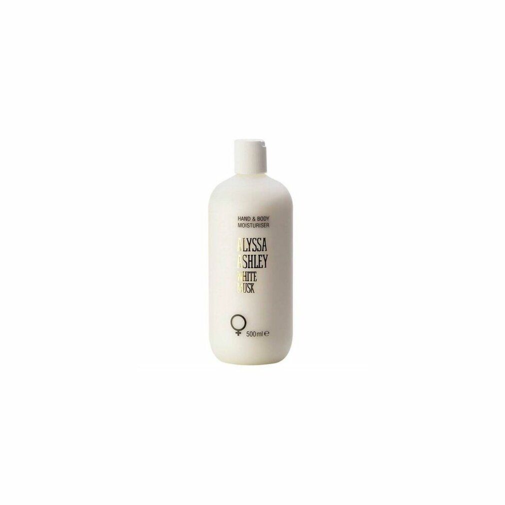 Prodotto idratante mani e corpo bianco. Scritta: Alyssa Ashley White Musk. Flacone con tappo a ribalta.