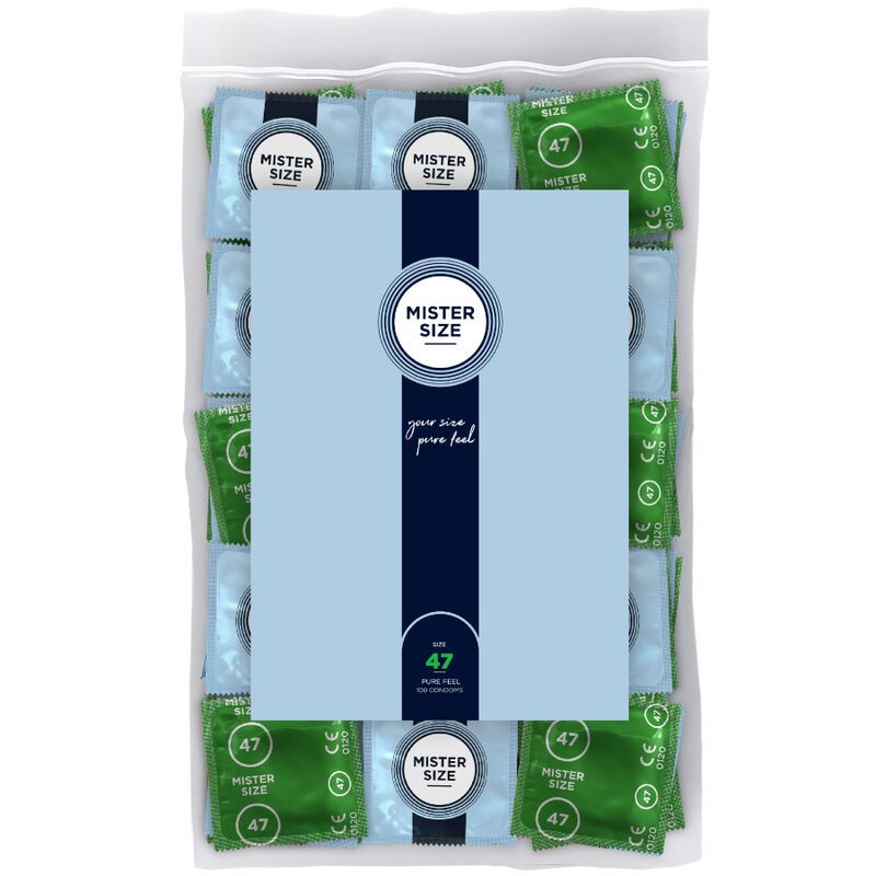 Confezione da 100 preservativi Mister Size 47, azzurri e verdi, vista frontale.