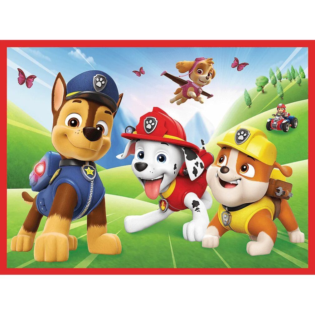Puzzle con motivi Paw Patrol. Mostra Chase, Marshall e Rubble davanti a un paesaggio verde. Cornice rossa.