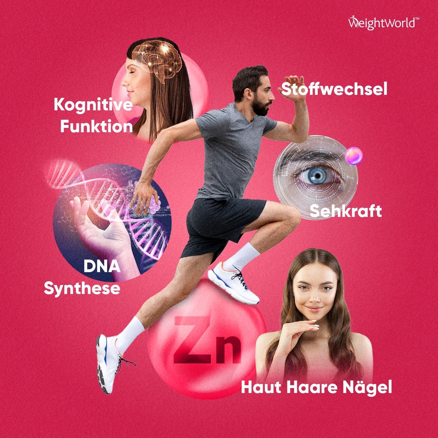 Grafica con uomo, donna e icone. Metabolismo, vista, sintesi DNA, funzione cognitiva, pelle capelli unghie. Simbolo Zn.