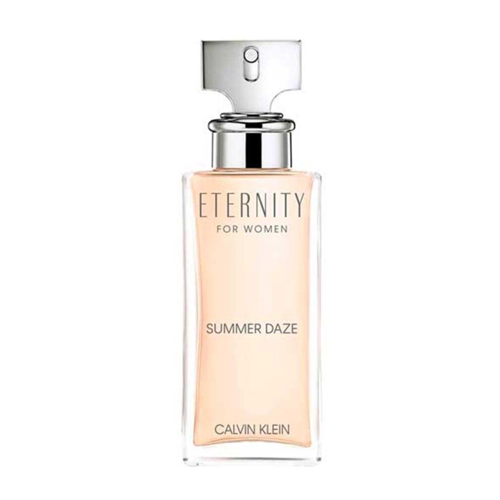 Flacone di profumo con tappo argentato. Liquido rosa in flacone rettangolare di vetro. Testo: Eternity for Women, Summer Daze, Calvin Klein.