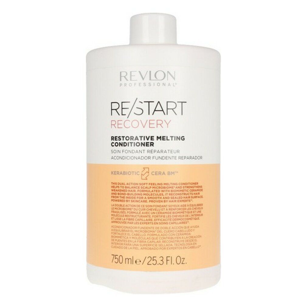 Flacone bianco con tappo. Scritta: Revlon Re/Start Recovery Restorative Melting Conditioner. 750 ml.