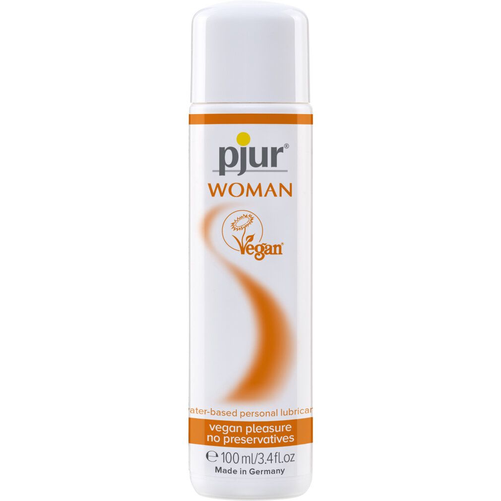 Flacone bianco con etichetta arancione. Scritta: pjur WOMAN Vegan. Lubrificante personale a base d'acqua. Vegano, senza conservanti.