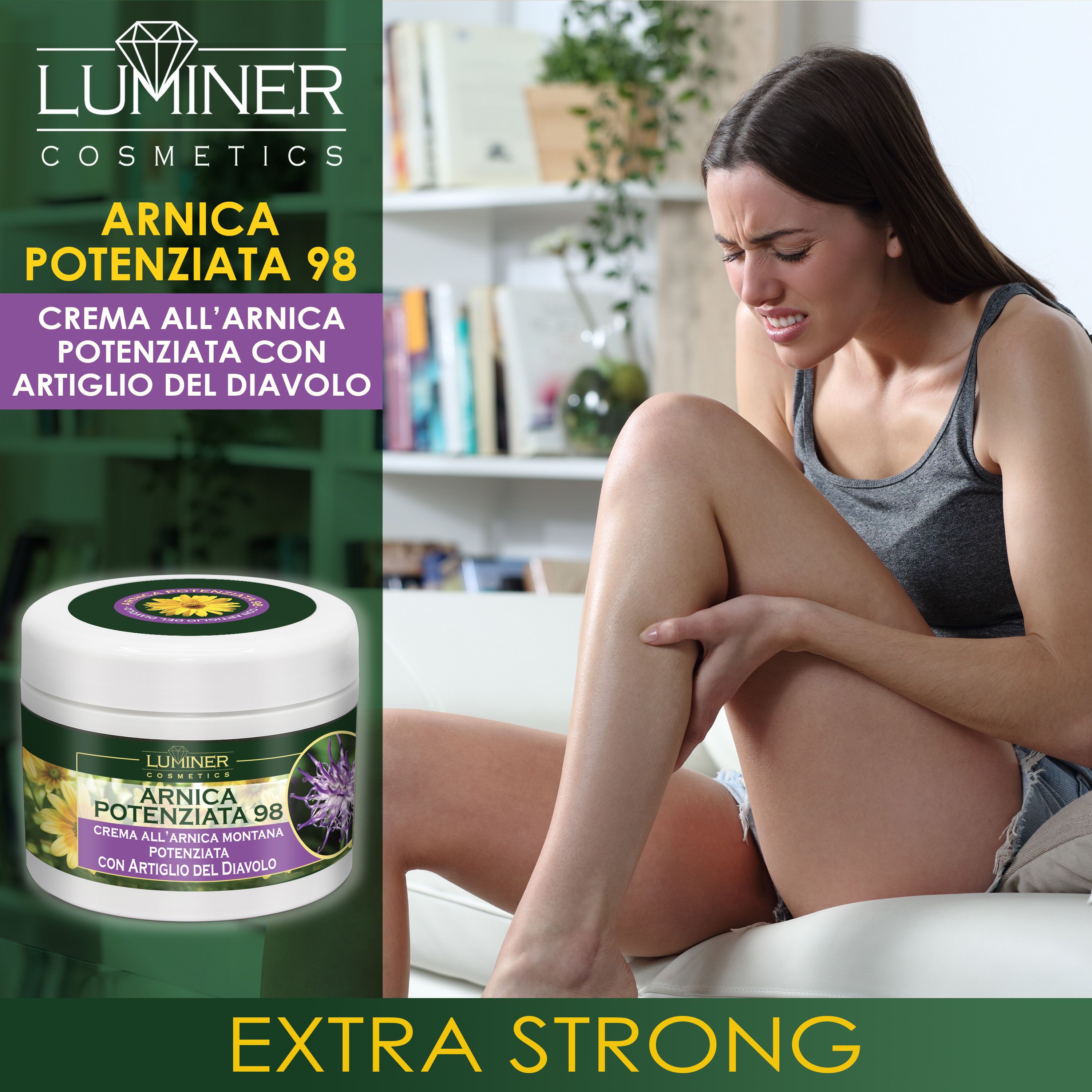 Donna che tiene dolorosamente la gamba. Accanto, un vasetto di LUMINER ARNICA POTENZIATA 98.