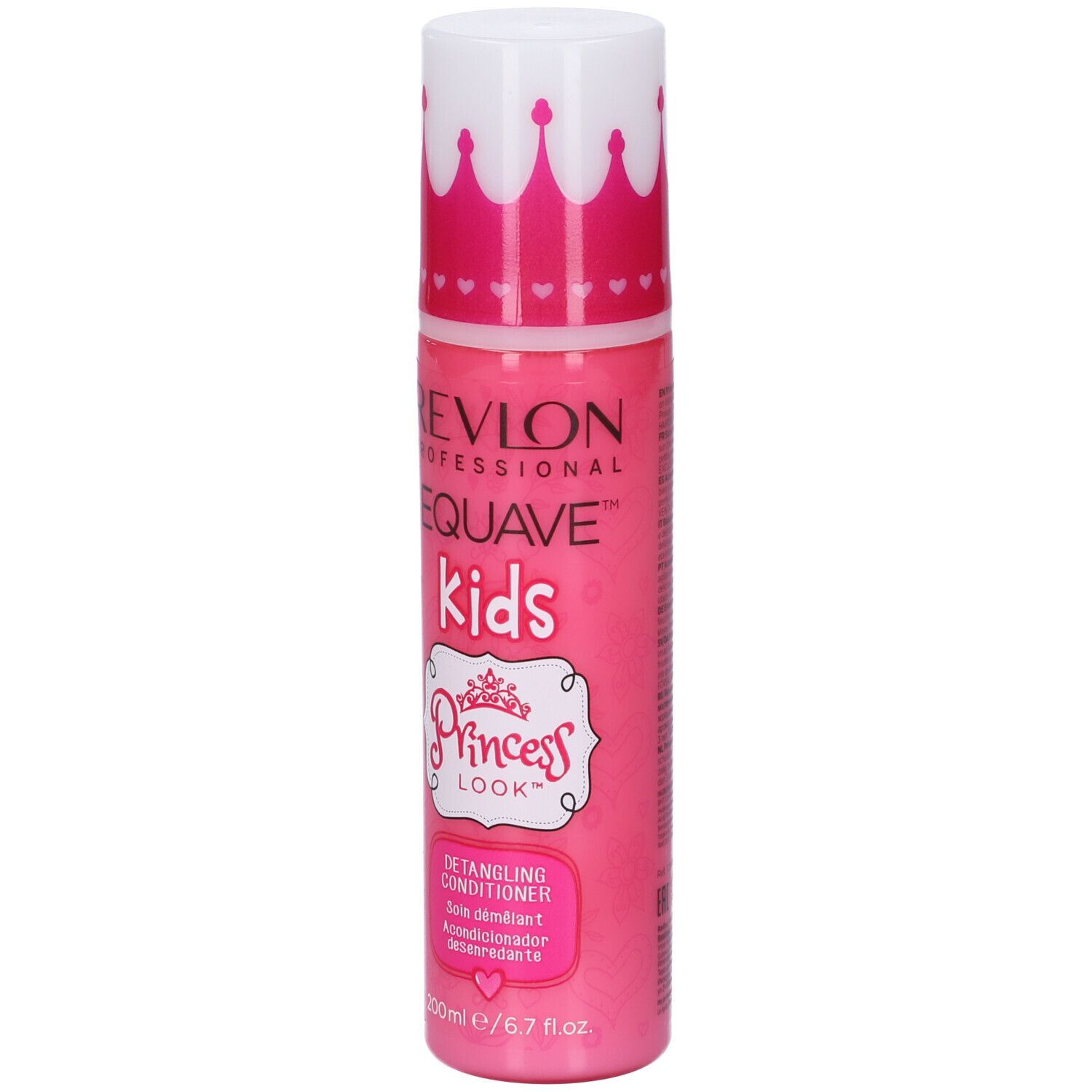 Flacone rosa con tappo a corona bianco. Scritta: Revlon Equave Kids Princess Look. Balsamo.