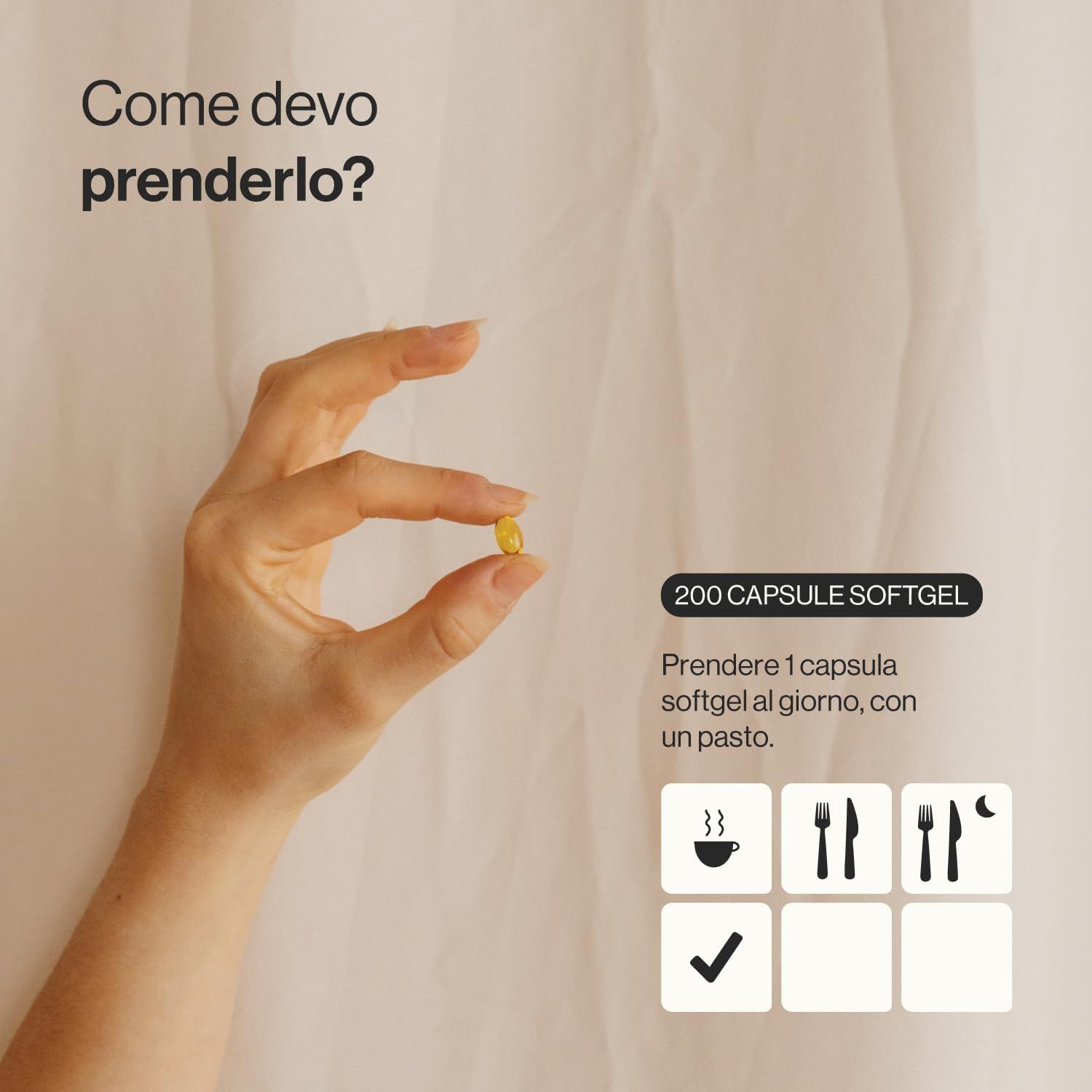 Mano che tiene una capsula gialla. Testo: 200 capsule softgel. Assumere 1 capsula softgel al giorno, con un pasto.