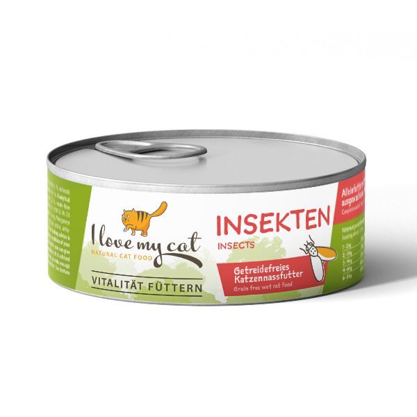 Lattina di cibo per gatti con etichetta verde. Scritta: I love my cat, Insekten. Cibo per gatti senza cereali. Con linguetta.