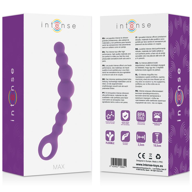 Confezione prodotto con prodotto viola. Testo: 'Intense MAX'. Retro con testo e simboli.