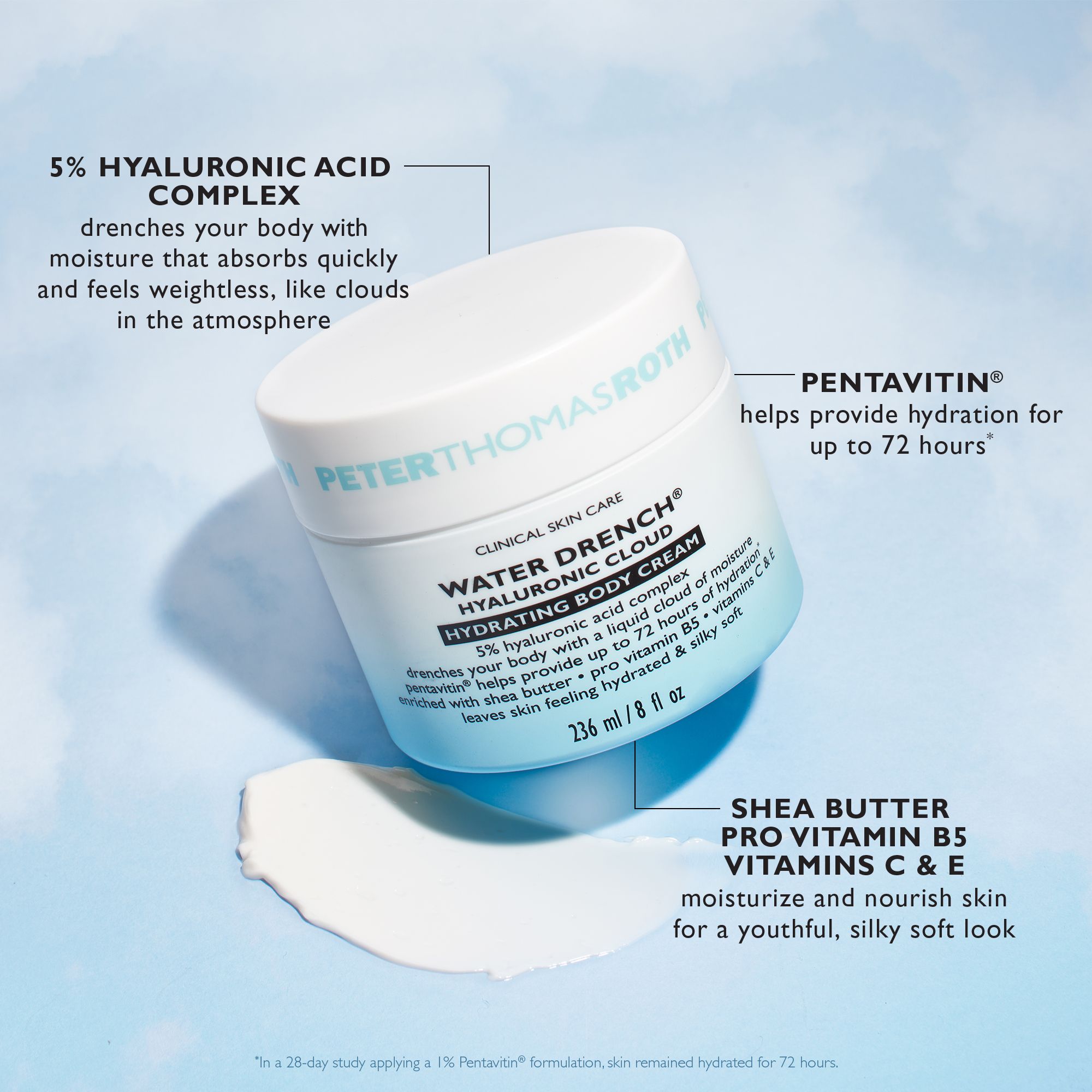 Barattolo di crema con testo. Scritta: Water Drench Hyaluronic Cloud Hydrating Body Cream. Testo: Complesso di acido ialuronico 5%. Sfondo: nuvole.