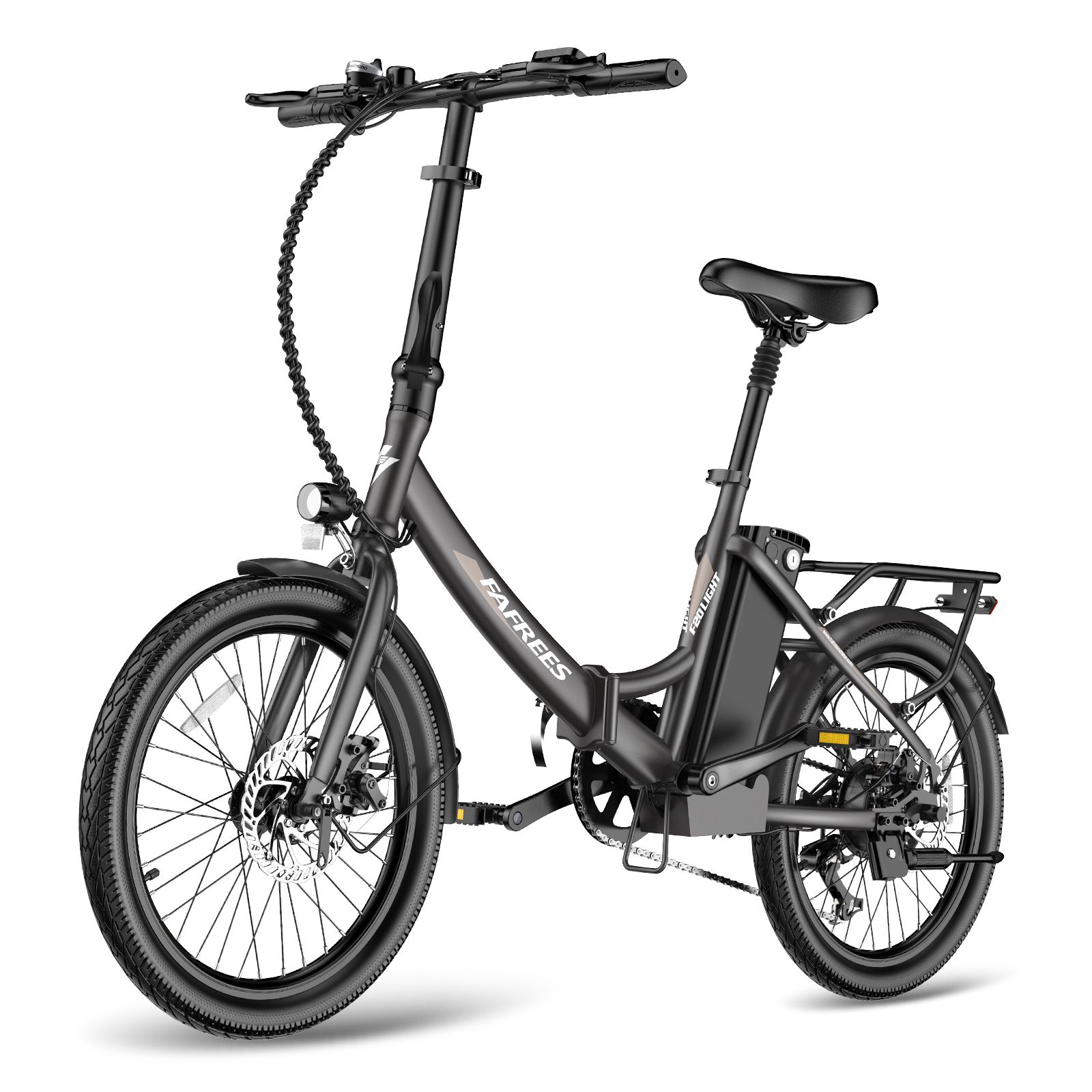 E-bike pieghevole nero con portapacchi, faro e batteria. Marchio FAFREES.