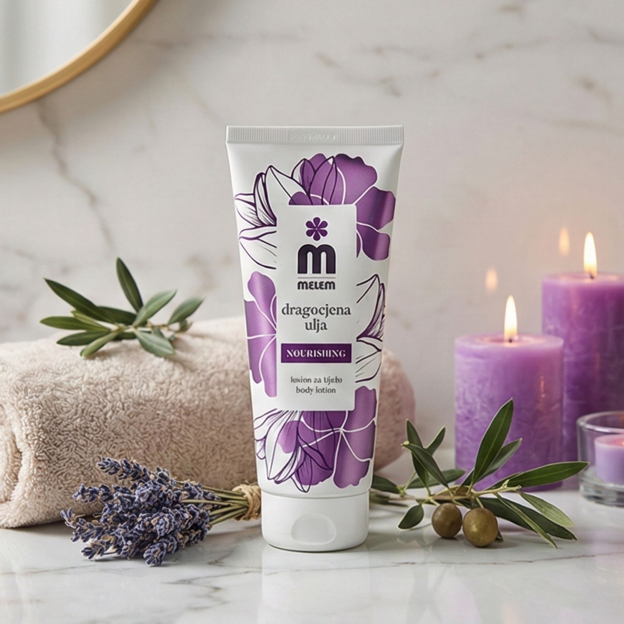 Tubo bianco con design floreale viola. Scritta: Melem, dragocjena ulja, Nourishing body lotion. Candele, ramo d'ulivo e asciugamano sullo sfondo.