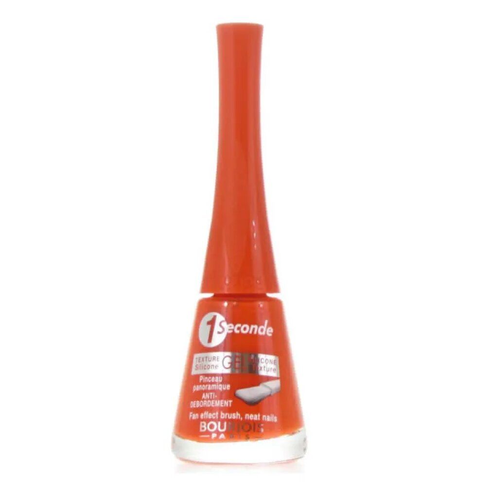 Flacone di smalto arancione. Etichetta "1 Seconde", logo "Bourjois". Collo sottile, base trasparente.