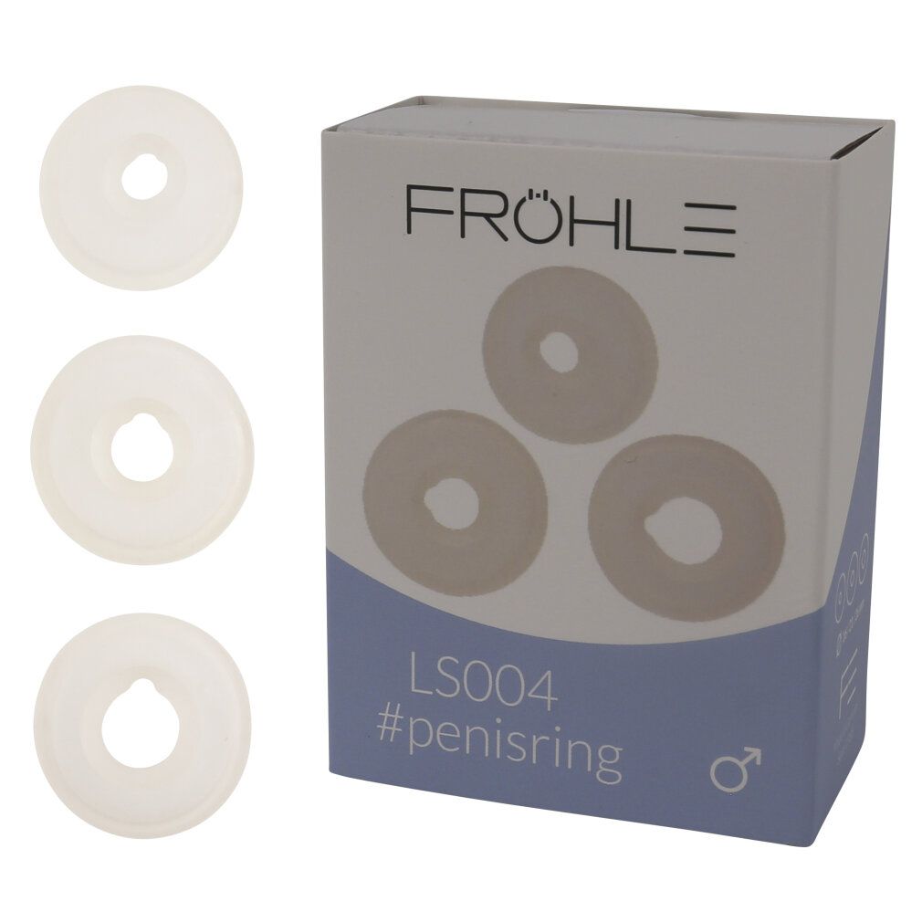 Confezione con tre anelli chiari. Sulla confezione "FRÖHLE", "LS004 #penisring" e simbolo maschile. Tre anelli accanto.