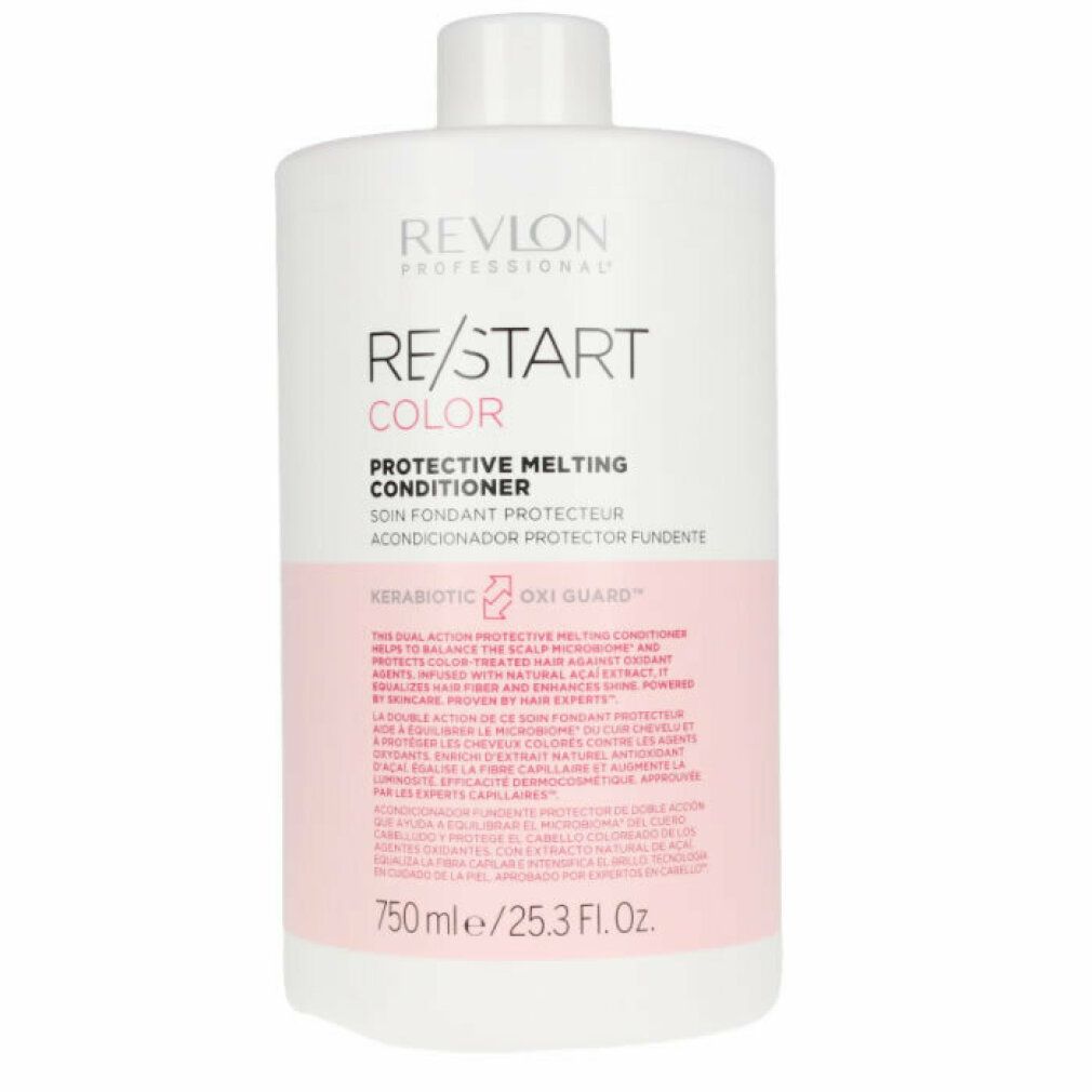 Flacone bianco con etichetta rosa. Scritta: RE/START COLOR Protective Melting Conditioner. 750 ml.