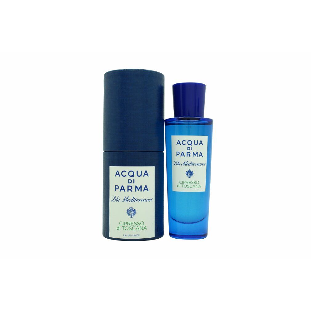 Flacone di vetro blu e confezione cilindrica. L'etichetta riporta "Acqua di Parma Blu Mediterraneo Cipresso di Toscana".