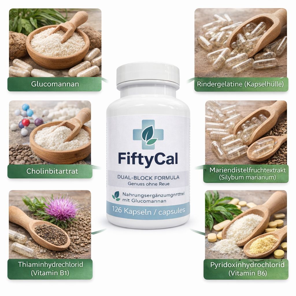 Flacone bianco FiftyCal con capsule. Scritta: Dual-Block Formula. Ingredienti: Glucomannano, colina bitartrato, gelatina bovina, cardo mariano, tiamina, piridossina.